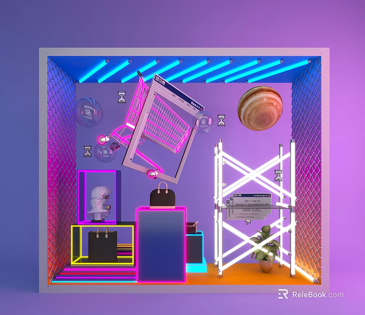 Vibrant Window Display with Neon Lights Shopping Cart Bread Scaffolding Black Handbags and Green Plant 3d model 