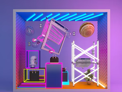 Vibrant Window Display with Neon Lights Shopping Cart Bread Scaffolding Black Handbags and Green Plant 3d model