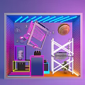 Vibrant Window Display with Neon Lights Shopping Cart Bread Scaffolding Black Handbags and Green Plant