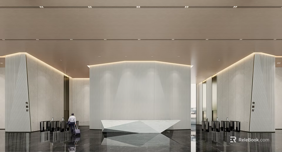 Modern Lobby Reception Desk with White Counter Marble Walls and Elegant Lighting Design 3d model 