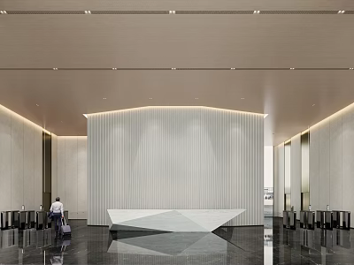 Modern Lobby Reception Desk with White Counter Marble Walls and Elegant Lighting Design 3d model