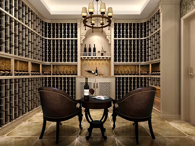 Luxurious Wine Cellar Interior Design With Wooden Racks Chandelier Armchairs Table And Wine Bottles 3d model