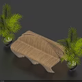 Curved Wooden Striped Landscape Seat With Two Green Palm Plants On Dark Blue Background