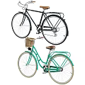 Classic Black And Turquoise Bicycles With Wicker Basket And Brown Seat
