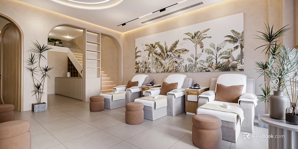 Modern Beauty Salon Interior With Massage Chairs Beige Decor And Wall Art Stairs 3d model 