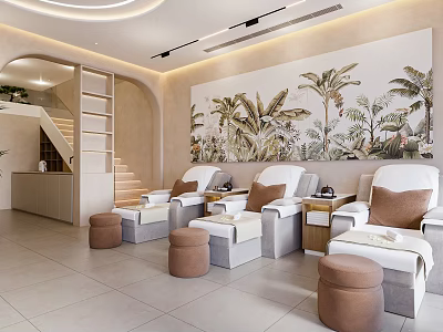 Modern Beauty Salon Interior With Massage Chairs Beige Decor And Wall Art Stairs 3d model