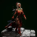 Woman with white hair and headdress wearing red outfit holding weapon standing on stone