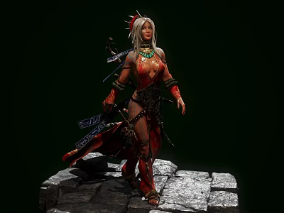 Woman with white hair and headdress wearing red outfit holding weapon standing on stone 3d model