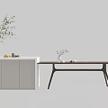 Modern Wooden Dining Table With White Cabinet And Vase Green Plant Fruits