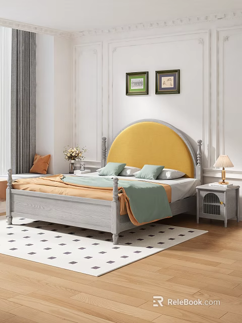 Double Bed With Yellow Padded Headboard Gray Frame Green Pillows Orange Blanket And Nightstand Lamp 3d model 
