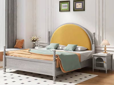 Double Bed With Yellow Padded Headboard Gray Frame Green Pillows Orange Blanket And Nightstand Lamp 3d model