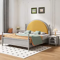 Double Bed With Yellow Padded Headboard Gray Frame Green Pillows Orange Blanket And Nightstand Lamp