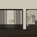 Modern Interior With Sleek Double Glass Doors Black Frame Wooden Floor And Potted Plants