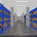 Warehouse Interior With Blue Racks Cardboard Boxes Green Floor White Columns and Lights