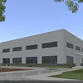 Modern Industrial Factory Building With White Exterior Large Windows Greenery And Outdoor Sculptures