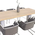 Modern Dining Table Set Featuring Wooden Tabletop Gray Chairs Metal Legs Vase And Dried Flowers