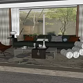 Modern Living Room Interior With Dark Sofa Glass Coffee Table Pillows Armchair And Green Plants