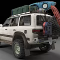 White Off Road SUV With Roof Rack Surfboard Luggage Muddy Body And Off Road Tires