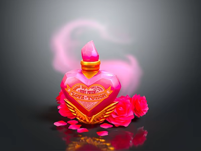 Heart Shaped Pink Medical Device With Golden Decorations And Rose Petals 3d model
