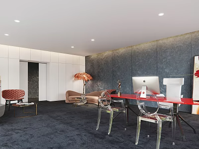 Modern Office Interior Design With Red Desk Acrylic Chairs And Textured Gray Walls 3d model