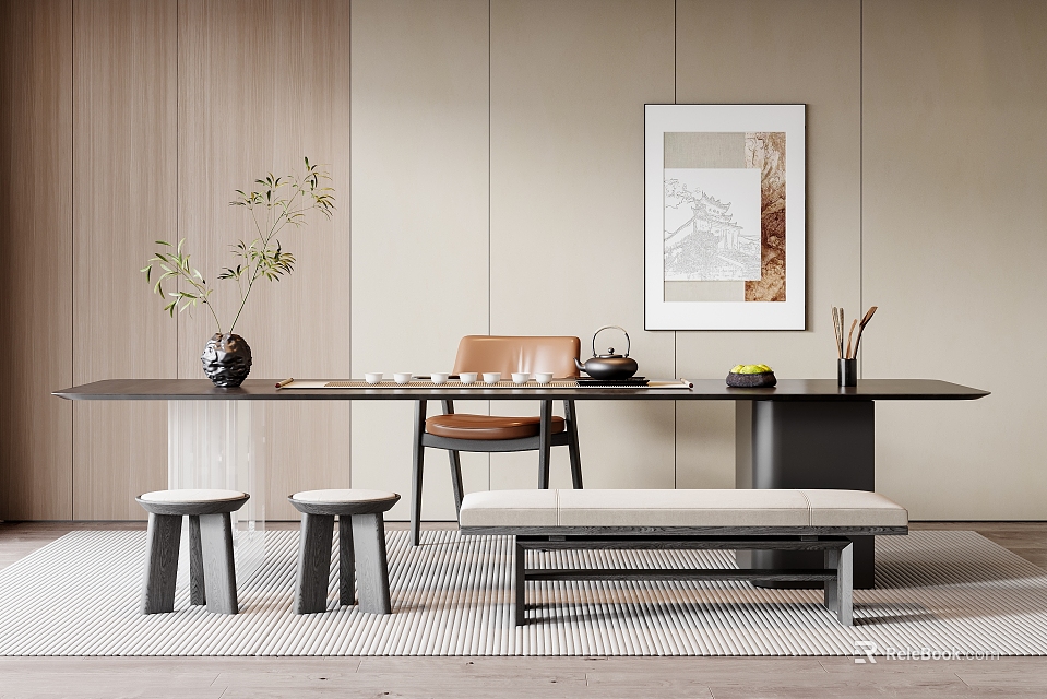 Modern Tea Table and Chairs in Minimalist Room with Tea Set Plant and Wall Art 3d model 