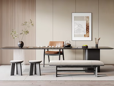 Modern Tea Table and Chairs in Minimalist Room with Tea Set Plant and Wall Art 3d model