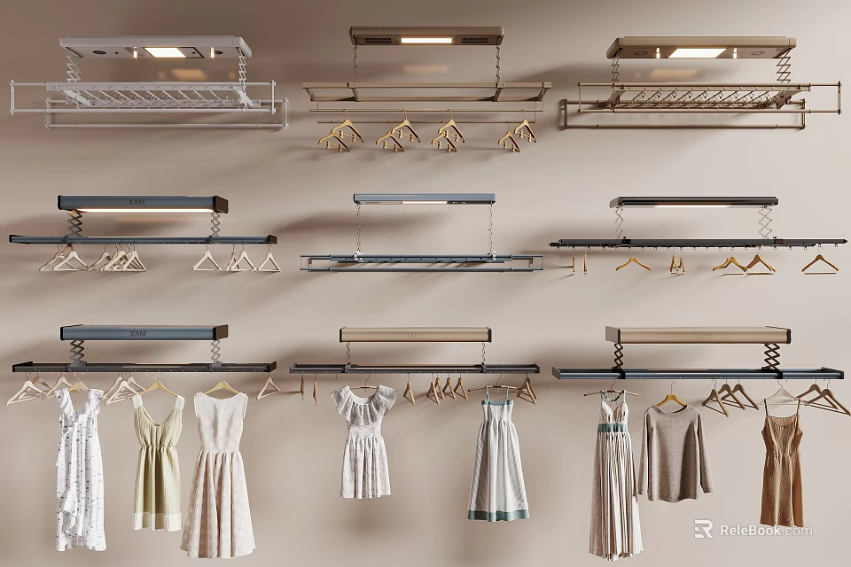 Modern Wall Mounted Metal Clothes Hangers With Hanging Dresses And Wardrobe Design 3d model 