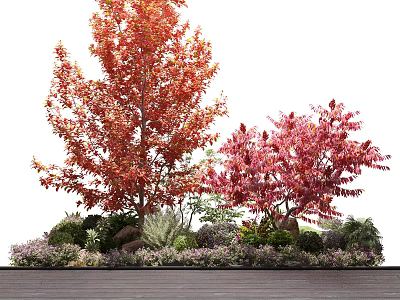 Vibrant Red and Pink Leaved Trees with Colorful Flowers and Low Shrubs on Wooden Platform 3d model
