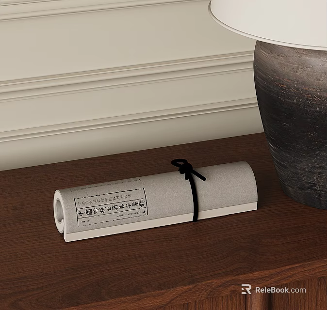 Rolled Magazine Tied With Black Ribbon On Wooden Desk Near Ceramic Vase 3d model 