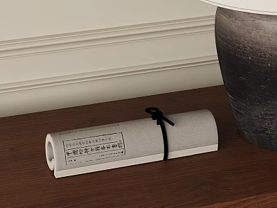 Rolled Magazine Tied With Black Ribbon On Wooden Desk Near Ceramic Vase 3d model