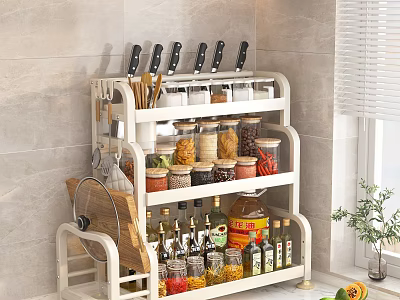 Kitchen Storage Rack With Spices Grains Jars And Knives For Organized Countertop 3d model