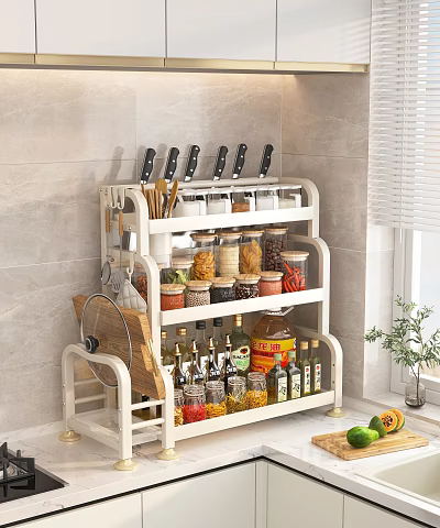 Kitchen Storage Rack With Spices Grains Jars And Knives For Organized Countertop 3d model