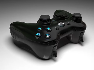 Black Game Controller With Blue Illuminated Buttons And Ergonomic Design For Entertainment Gaming 3d model