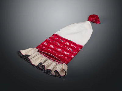 Traditional White Hat With Red Decorative Band White Patterns Bottom Fringes And Top Red Pom-Pom 3d model