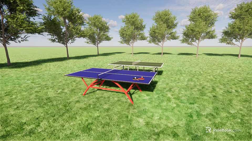 Outdoor Ping Pong Table On Green Lawn Featuring Blue Tabletop Red Legs And Trees Nearby 3d model 