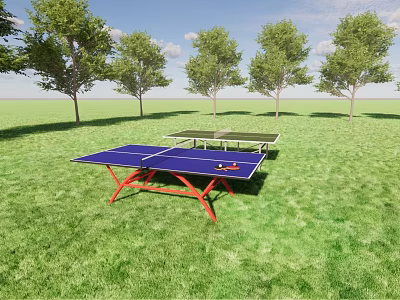 Outdoor Ping Pong Table On Green Lawn Featuring Blue Tabletop Red Legs And Trees Nearby 3d model
