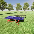 Outdoor Ping Pong Table On Green Lawn Featuring Blue Tabletop Red Legs And Trees Nearby