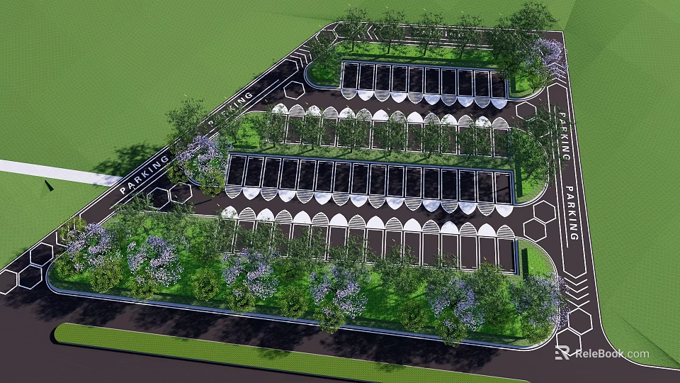 Orderly Garden Landscape With Arranged Structures Green Plants Trees And Pathways 3d model 