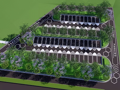 Orderly Garden Landscape With Arranged Structures Green Plants Trees And Pathways 3d model