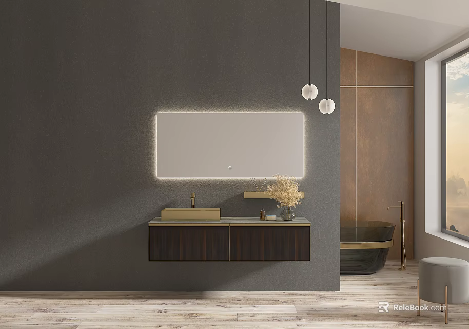Modern Washbasin With Illuminated Mirror On Gray Wall Wooden Vanity And Bathtub 3d model 