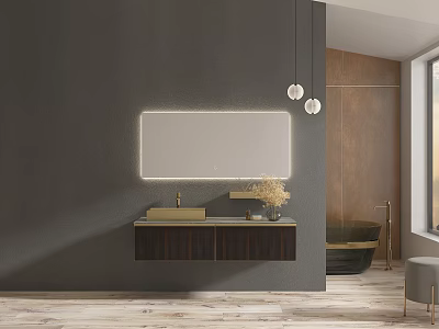 Modern Washbasin With Illuminated Mirror On Gray Wall Wooden Vanity And Bathtub 3d model
