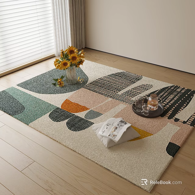 Square Rug With Colorful Geometric Patterns Sunflower Bouquet Tray And Magazine 3d model 