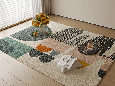 Square Rug With Colorful Geometric Patterns Sunflower Bouquet Tray And Magazine 3d model