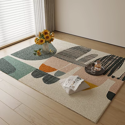 Square Rug With Colorful Geometric Patterns Sunflower Bouquet Tray And Magazine 3d model