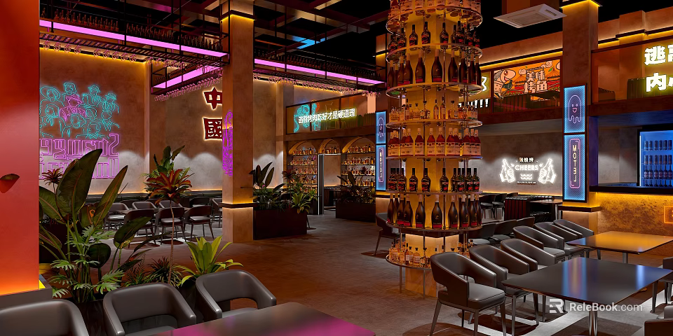 Modern Chinese Restaurant Interior With Neon Lights Wine Bottle Tower Tables Chairs And Green Plants 3d model 
