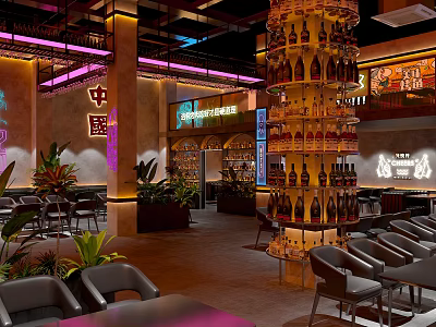Modern Chinese Restaurant Interior With Neon Lights Wine Bottle Tower Tables Chairs And Green Plants 3d model