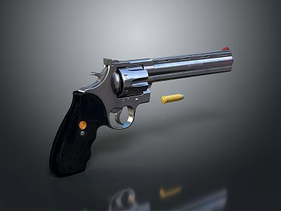 Shiny Metallic Revolver With Black Grip Orange Marker And Yellow Bullet On Dark Background 3d model