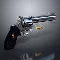 Shiny Metallic Revolver With Black Grip Orange Marker And Yellow Bullet On Dark Background