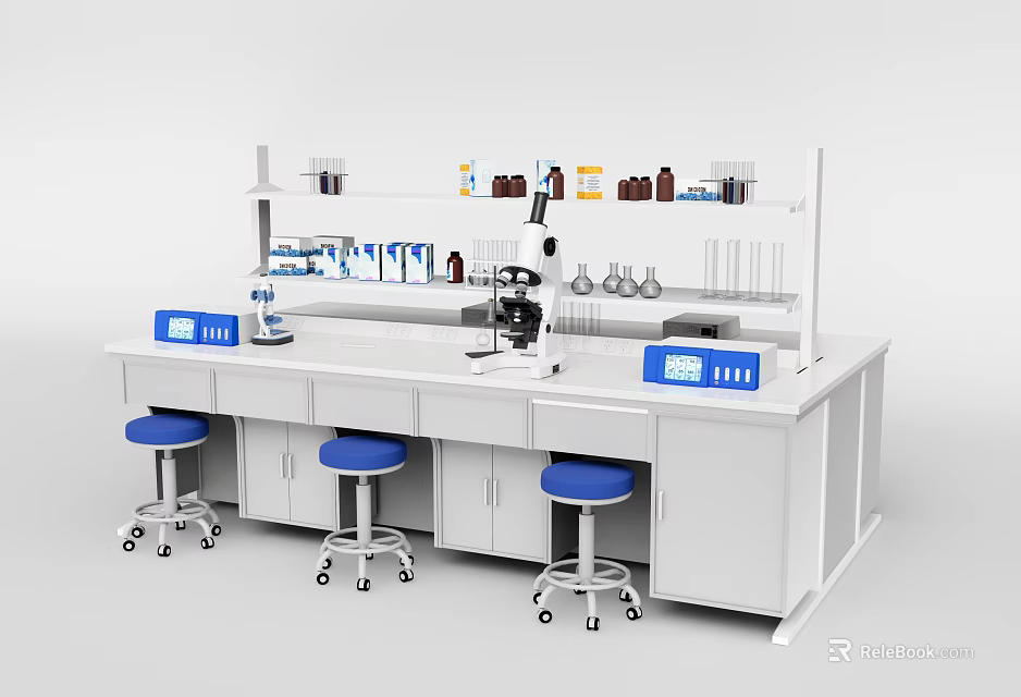 Functional Laboratory Table With Microscope Test Tubes Bottles Blue Stools And Storage Shelves 3d model 