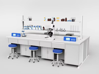 Functional Laboratory Table With Microscope Test Tubes Bottles Blue Stools And Storage Shelves 3d model
